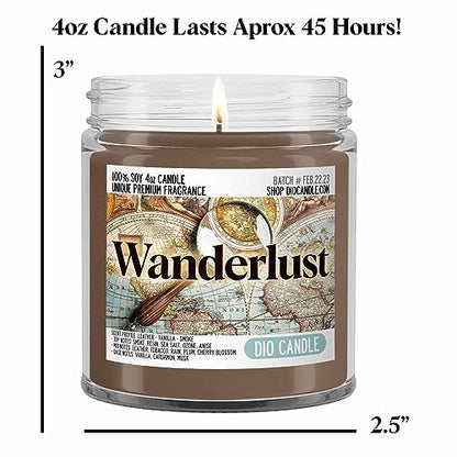 Wanderlust Scented Candle - Smells Like Leather - Vanilla - Smoke - 100% Naturally Vegan Soy and Premium Fragrance | Great Gift | Handmade in Denver, Colorado (4oz Glass Jar) - size: 4oz Glass Jar