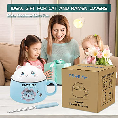 Ramen Bowl Set with Chopsticks, Cute Cat Instant Ramen Noodle Bowls with Lid, 34.5 OZ Extra Large Ceramic Soup Bowls with Handle, Japanese Ramen Cooker, Microwave safe (Blue) - color: Blue
