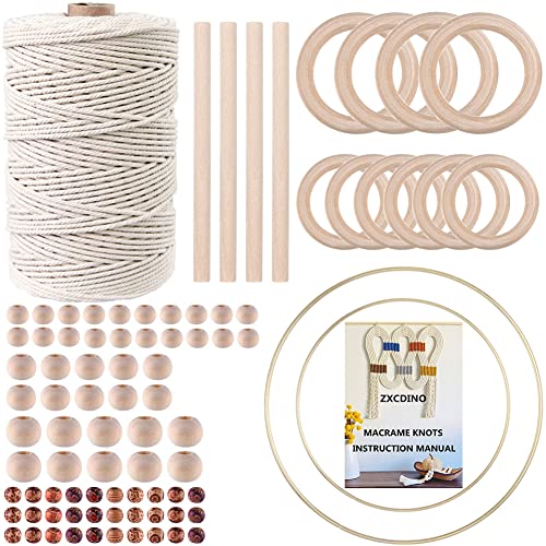 87pcs Macrame Kits for Beginners 3mm x 220yards Natural Cotton Macrame Cord Wall Hanging Kit, Macrame Supplies Best for Macrame Plant Hanger with Wooden Beads,Wooden Rings - size: 3mm x 220yards set-87pcs