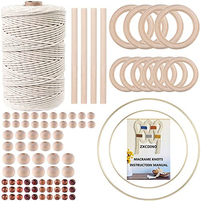 87pcs Macrame Kits for Beginners 3mm x 220yards Natural Cotton Macrame Cord Wall Hanging Kit, Macrame Supplies Best for Macrame Plant Hanger with Wooden Beads,Wooden Rings - size: 3mm x 220yards set-87pcs