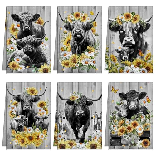 Tudomro 6 Pcs Highland Cow Kitchen Towels Cow Sunflower Dish Hand Tea Towel | Seasonal Kitchen Towels, Absorbent Fabric, Soft Kitchen Fingertip Farmhouse Bathroom Tea Towels, Housewarming Gift for Home - color: Highland Cow