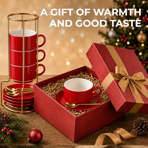3 Ounce Espresso Cups Set of 4, Red | Stackable Demitasse Mugs, Includes Display Stand, Cups Saucers, and Spoons, for Machines & Home Use - color: Red