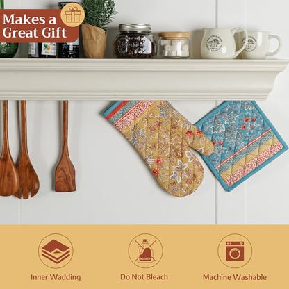 Maison d' Hermine 100% Cotton Oven Mitt & Pot Holder Set (7.5"x13" & 8"x8") | Heat Resistant BBQ Cooking Gloves with Loop Baking Grilling Kitchen Hotel Home Farmhouse Spring Summer - Marquise - color: 001 - Marquise, size: 7.5" x 13" & 8" x 8" (Oven Mitt