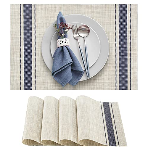 DACHUI Placemats Set of 4, Heat Resistant, Washable Woven Vinyl Place Mats - color: Blue Stripes, size: 4PCS