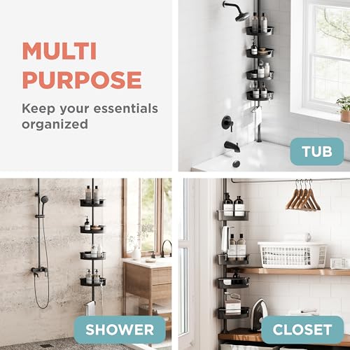 Zenna Home Tension Pole Shower Caddy Corner Organizer - Adjustable Standing Shower Caddy with 4 Baskets, 6 Hooks and Towel Bar, Rustproof Bathroom Tension Rod Organizer, 60 to 108 Inch, Matte Black