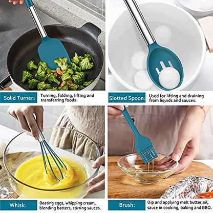 LIANYU 27 PCS Kitchen Utensils Set with Holder, Silicone Cooking Utensils Spatula Set with Stainless Steel Handle, Kitchen Cooking Gadgets Tools for Nonstick Cookware Set, Heat Resistant, Blue - color: Blue