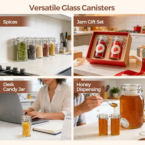 ComSaf Small Glass Spice Jars with Airtight Lids 4 oz 12 Pack with Labels | Seasoning herbs powders, Salt pepper chili, Spice rack cabinet organization, Small size, Funnel included, DIY crafts gifts - size: 4oz*12