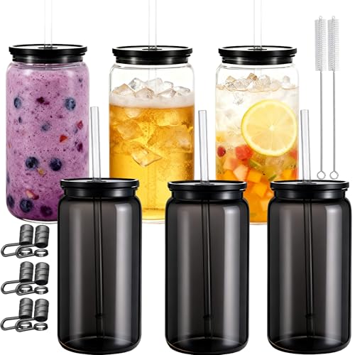 Mason Jar Cups with Lids and Straws, 16 oz Reusable Plastic Tumblers for Whisky, Soda, Tea, Juice, Beer, Coffee, Milk Tea, Gifts, 6 Pack (Clear Black, Black) - color: Clear Black, Black