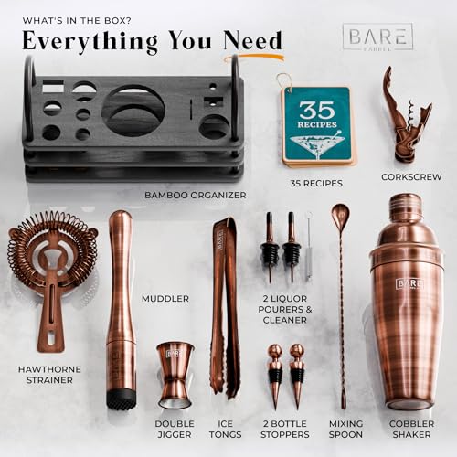 BARE BARREL® Mixology Bartender Kit Bar Set | 14-Piece Cocktail Shaker Set | Martini Barware Mixing Tools for Home Bartending | 35 Recipe Cards | Gift Set (24oz Cobbler Shaker, Copper/Black) - color: Copper/Black