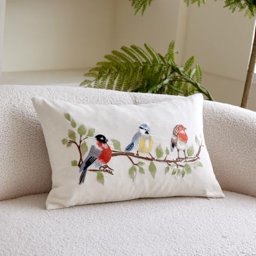 1PS Three Birds Branch Embroidery Craft Throw Pillow Cover, Natural Linen Fabric Decorative Cushion Cover, No Insert for Farmhouse Sofa Home Decor (Beige, 50x30cm) - size: 19.6" x 11.8" (Pack of 1)