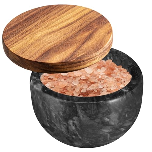 jalz jalz Black Marble Salt Cellar with Wood Lid, Large 10oz & Spoon - color: Natural Cover Black Base