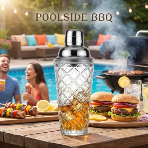 15oz Diamond-Cut Crystal Cocktail Shaker Clear Glass with Polished Stainless Steel Lid - Premium Bar Tool for Home Bartenders - Ideal for Cocktails, Mocktails, and More - color: Geometric Cocktail Tool