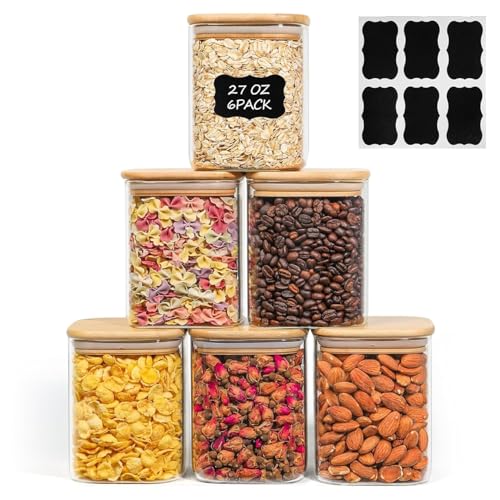 ComSaf Glass Jars with Bamboo Lids 0.8 Qt, Set Of 6 Pantry Galss Jars | Glass Storage Containers with Lid, Pantry Organizer and Storage, Lid with Silicone Seal, Pasta, Spice, Coffee, 27oz, BPA Free - size: 0.8Qt*6