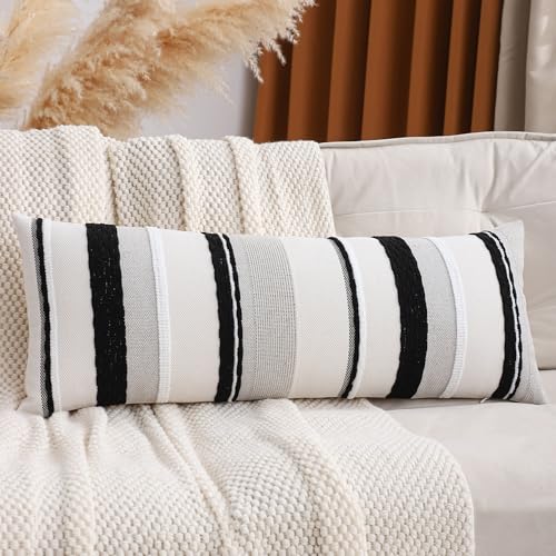 Boho Throw Pillow Cover Lumbar Pillow Cover 14x36 Black White | 1 Piece,Durable Fabric,Stripe Pillow Cover,Farmhouse Cushion Case,Chenille Pillow Case,Neutral Pillowcase for Sofa Couch Bed - color: Black Stripe1, size: 36" x 14" (Pack of 1)