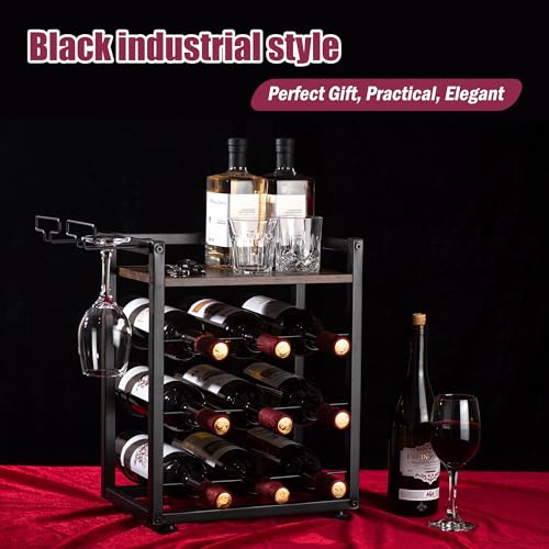 facka Wooden Countertop Wine Rack with Tray, Freestanding Wine Bottle Holder for 9 Bottles & 2 Glasses, Rustic Wine Stand for Home, Bar, Kitchen, Wine Cellar