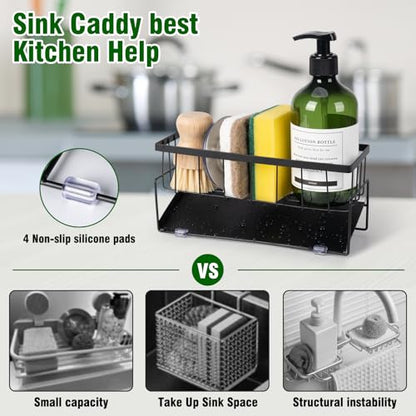 Kitchen Sink Caddy Countertop, 9.06" Rust-Proof Metal Sponge Holder for Kitchen Sink Counter,Drainage Caddy for Countertop with Angled Tray (Black)