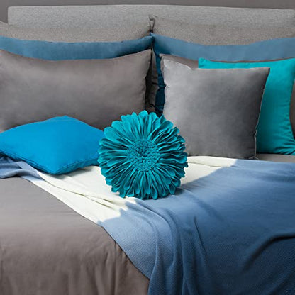 JWH 3D Flowers Throw Pillow Cover Decorative Sunflower Shaped Accent Handmade Floral Pillowcase Round Cushion with Insert for Couch Bed Chair 12 Inch Blue Green