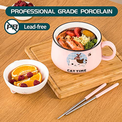 Ramen Bowl Set with Chopsticks, Cute Cat Instant Ramen Noodle Bowls with Lid, 34.5 OZ Extra Large Ceramic Soup Bowls with Handle, Japanese Ramen Cooker, Microwave safe (Pink) - color: Pink