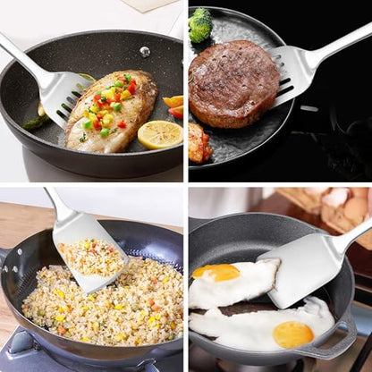 14-in Spatula Set, 18/0 Stianless Steel Heavy Duty Turner & Slotted Spatula, Kitchen Cooking Utensils Set, High Heat Resistant, Grilling Frying Serving Food, Pack of 2 - color: Black, size: 2PCS-Spatulas set