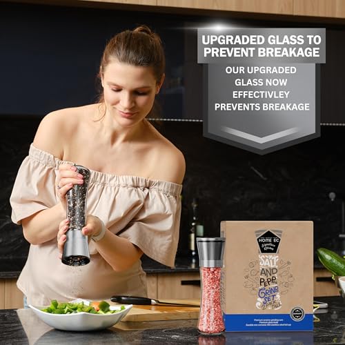 Home EC Premium Stainless Steel Sea Salt and Pepper Grinder Set of 2 - Adjustable Ceramic - Tall Glass Salt and Pepper Shakers - Kitchen Spice Mill W/Funnel & EBook - color: Clear Glass, size: 2pk