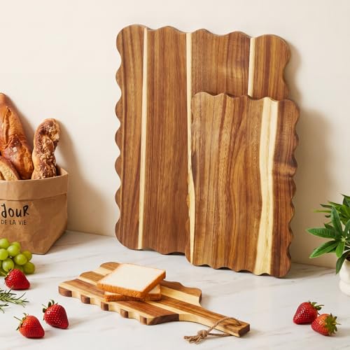 Novabright 3 Pcs Extra Large Acacia Wood Charcuterie Boards Set, Unique Wavy Edge Scalloped Cutting Boards for Kitchen, Wooden Serving Tray for Cheese Meat Fruit, Ideal Housewarming Gift (Flat Wavy) - style: Flat Wavy