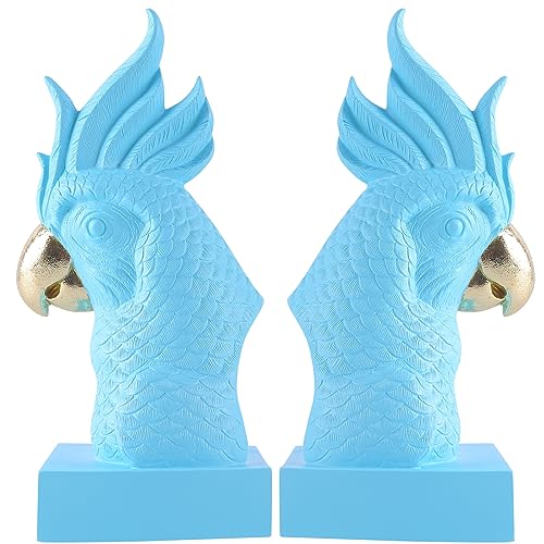 Unique Blue Parrot Decorative Bookends for Home Office Shelves Decor | Cute Animal Book Stopper Holders for Heavy Books, Bird Statues Book Ends for Desk Bookshelf Decor with Anti-Slip Base - color: Blue