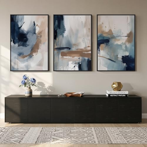 Large Framed Blue Neutral Abstract Wall Art for Living Room, 3 Piece 24x36 | Minimalist picture, Canvas prints, Wood frame, Modern wall painting, Artwork for walls, Wall decor for bedroom dining hallway - color: Blue and Neutral Tone, size: 24" W x 36" H