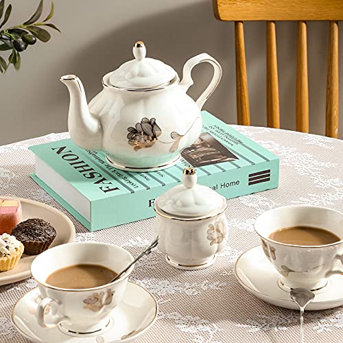 CHENP.HMC Porcelain Ceramic 22-Piece Tea Set, Teapot and Cup Set, 30.7 Ounces, for 6, Gift Sets, Tea or Coffee Lovers, Wedding, Birthday - color: Flower