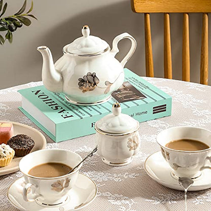 CHENP.HMC Porcelain Ceramic 22-Piece Tea Set, Teapot and Cup Set, 30.7 Ounces, for 6, Gift Sets, Tea or Coffee Lovers, Wedding, Birthday - color: Flower