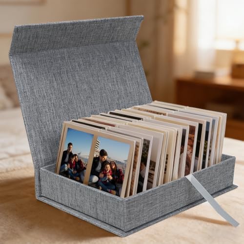 4x6 Photo Storage Box, Premium Linen Memory Box for Photos, Pictures, Certificates, Scrapbooking Supplies & Jewelry - Portable, Stackable Organizer for Home, Crafters & Collectors - color: Grey, size: 4X6