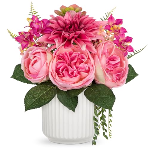 Briful Artificial Peony Flower Arrangement with White Ceramic Pot, Silk Peonies Fake Floral Centerpiece Faux Potted Flowers for Spring Ester Home Office Wedding Table Decor, Pink - color: Hot Pink