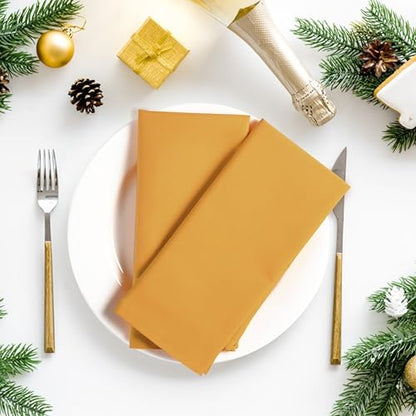 Ramanta Home Set of 12 Polyester Cloth Napkins 18x18 Inches, Mustard | Polyester Napkins with Hemmed Edges, Washable Reusable Dinner Napkins Ideal for Parties, Weddings , Hotels and Banquets - color: Mustard, size: 18" x 18" (Set of 12)