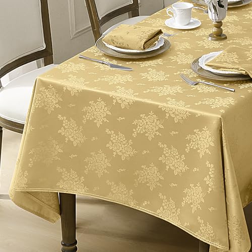 Romanstile Jacquard Rectangle Tablecloth - Gold Waterproof Damask Rose Floral Pattern Decorative Table Cloth, Heavy Weight Fabric Table Cover for Dining/Party/Holiday - 60 x 84 Inch - color: Gold, size: 60" x 84" (Rectangular)