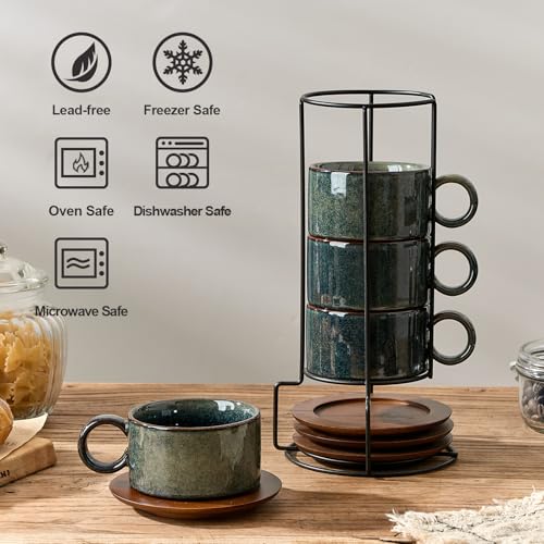 LUKA 6 Ounce Porcelain Stackable Espresso Cups with Saucers and Metal Stand Set of 4, Ceramic Cappuccino Cups Set for Specialty Coffee Drinks, Latte, Cafe Mocha and Tea, Kiln Tide Glaze - color: Kiln Tide Glaze