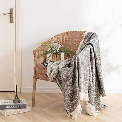 Simple&Opulence Cotton Fringed and Striped Throw Blanket for Bed, Couch,Knit Woven with Tassels Soft Lightweight Cozy Blanket Scarf Shawl Farmhouse Decoration for All-Season (Dark Grey)