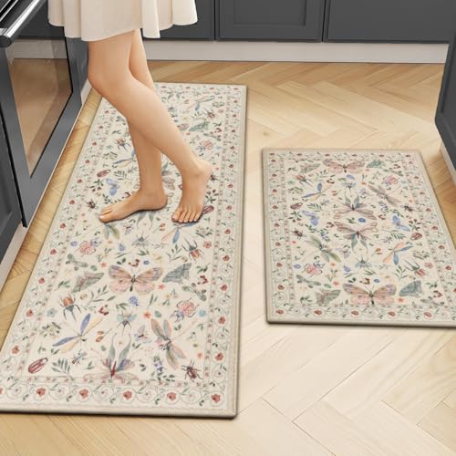 Kitchen Rugs Sets of 2, Non Slip Washable Kitchen Mats for Floor, Stain Resistant Farmhouse Floor Mat Carpet Runner for Kitchen Sink Office Laundry Hallway, Beige 20"x32"+20"x48" - color: Beige