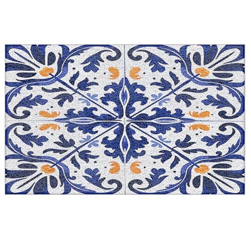 Mediterranean Blue Door Mat, Blue and Orange Tile Doormat Non-Slip for Front Door Porch Indoor Outside Entrance Entryway, Traditional Mexican Portuguese Azulejos Welcome Mat, 17x30 Inch - color: Mediterranean-blue and Orange