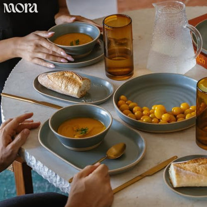 Mora Medium Dishes Set of 4, 35oz Ceramic Pottery Pasta Plate/Wide Bowls - Microwave, Oven and Dishwasher Safe - Horizon - color: Horizon