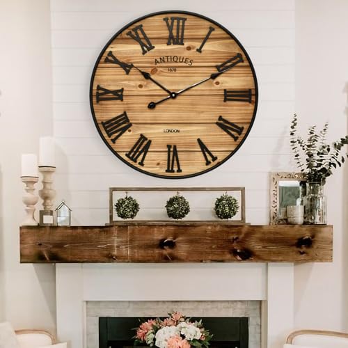 24 Inch Farmhouse Wall Clock - Antique Rustic Wood Finish, Silent Battery-Operated Timepiece with Stylish Decor for Home, Office, Kitchen, Bedroom & Living Room - size: 24 Inch