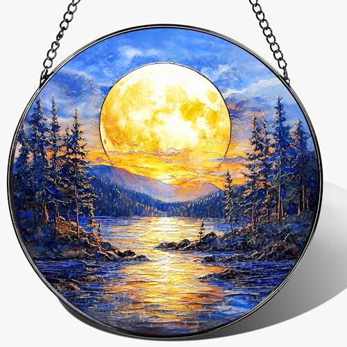 8'' Full Moon Over Forest Lake Suncatcher Ornament, Stained Glass Window Hanging, Sun Catchers for Windows Hanging Ornaments, Window Decor | Gifts for Christmas, Birthday, Father's Day - color: Full Moon