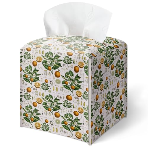 Tissue Box Cover, Orange Botanical Vintage Tissue Box Cover Square-Waterproof Leather, Desktop Decor for Living Room, Nightstand, Vanity, Office, Aesthetic Home Decor, Gift for Women & Friend-A19 - color: Vintage Orange Botanical