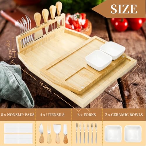 WRINGKIT Charcuterie Boards Set, Utensils Tray and Knife Bowl Included | Bamboo Cheese Platter for Party House Warming Wedding Gift, Meat Serving Board for Couple, Entertaining, Family Gatherings