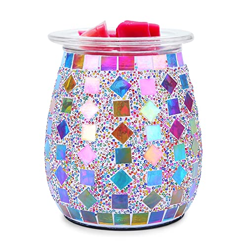 Mosaic Glass Wax melt Warmer Electric Oil Burner Candle Wax Warmer Romantic Aroma Warmer for Essential Oils Burner & Premium Wax Melts Burner,Simple Roller Switch,Gift,Home Decoration - color: Red