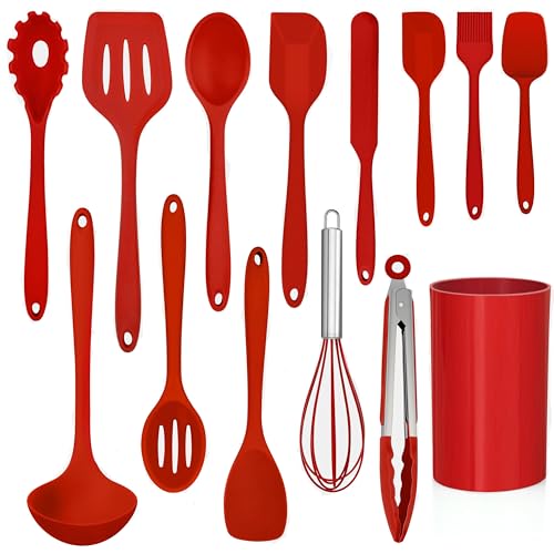 LIANYU 14 Pcs Silicone Cooking Utensils Set with Holder, Red | Kitchen Utensils Set for Non-Stick Cookware, 446°F Heat Resistant Cooking Tools with Comfort Grip Handle, Dishwasher safe - color: Red