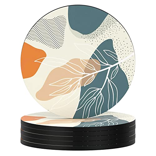 Coasters for Drinks, Set of 6 Absorbent Rubber Drink Coasters for Cup | Set of 6 Cute Absorbent Rubber Drink Coasters for Cup with Non Slip Backing, Kitchen Home Decor Housewarming Gift, Round 4 in - color: Abstract Boho Leaf