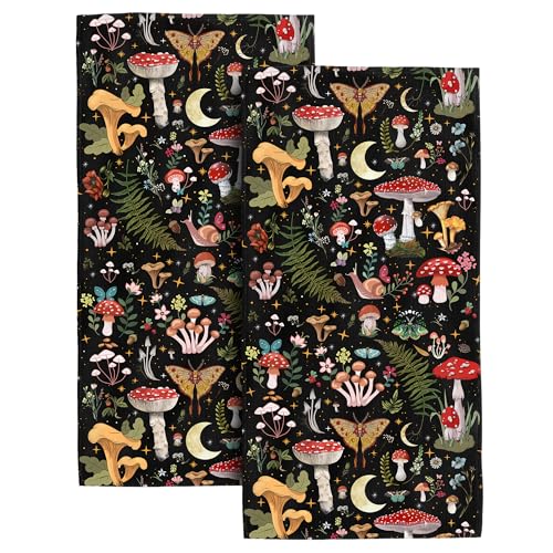 Cute Mushroom Bath Hand Towels Set of 2, Soft Absorbent Black Decorative Hand Towels for Bathroom Kitchen Home Spa Hotel Yoga,Mushroom Bathroom Decor Accessories,Gothic Witchy Gifts for Women 14"x28" - color: Mushroom