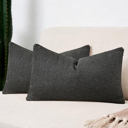 Textured Boucle Pillow Covers 12x20 Inch Set of 2, Black | Soft Decorative Throw Pillow Covers, Natural Boho Accent Solid Pillowcases Sofa Living Room Home Decor - color: Black, size: 20" x 12" (Pack of 2)