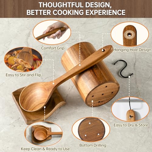 12 PCS Natural Acacia Wooden Utensil Set Wooden Spoons for Cooking | Non-Toxic, Nonstick Safe, Sturdy & Easy to Clean, Comes with Holder, Spoon Rest & 6 Hooks, Perfect Practical Kitchen Gift - size: 12 PCS SET