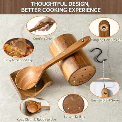 12 PCS Natural Acacia Wooden Utensil Set Wooden Spoons for Cooking | Non-Toxic, Nonstick Safe, Sturdy & Easy to Clean, Comes with Holder, Spoon Rest & 6 Hooks, Perfect Practical Kitchen Gift - size: 12 PCS SET
