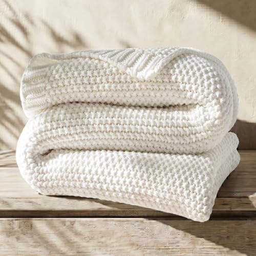 Organic Cotton Chunky Knit Throw Blanket, 60 x 80 Bright White | OCS Certified Organic Cotton, Seed Stitch Knit, Soft & Breathable, Cozy Midweight, Decorative Throw for Couch, Bed & Sofa - color: Bright White, size: Twin (60" x 80")